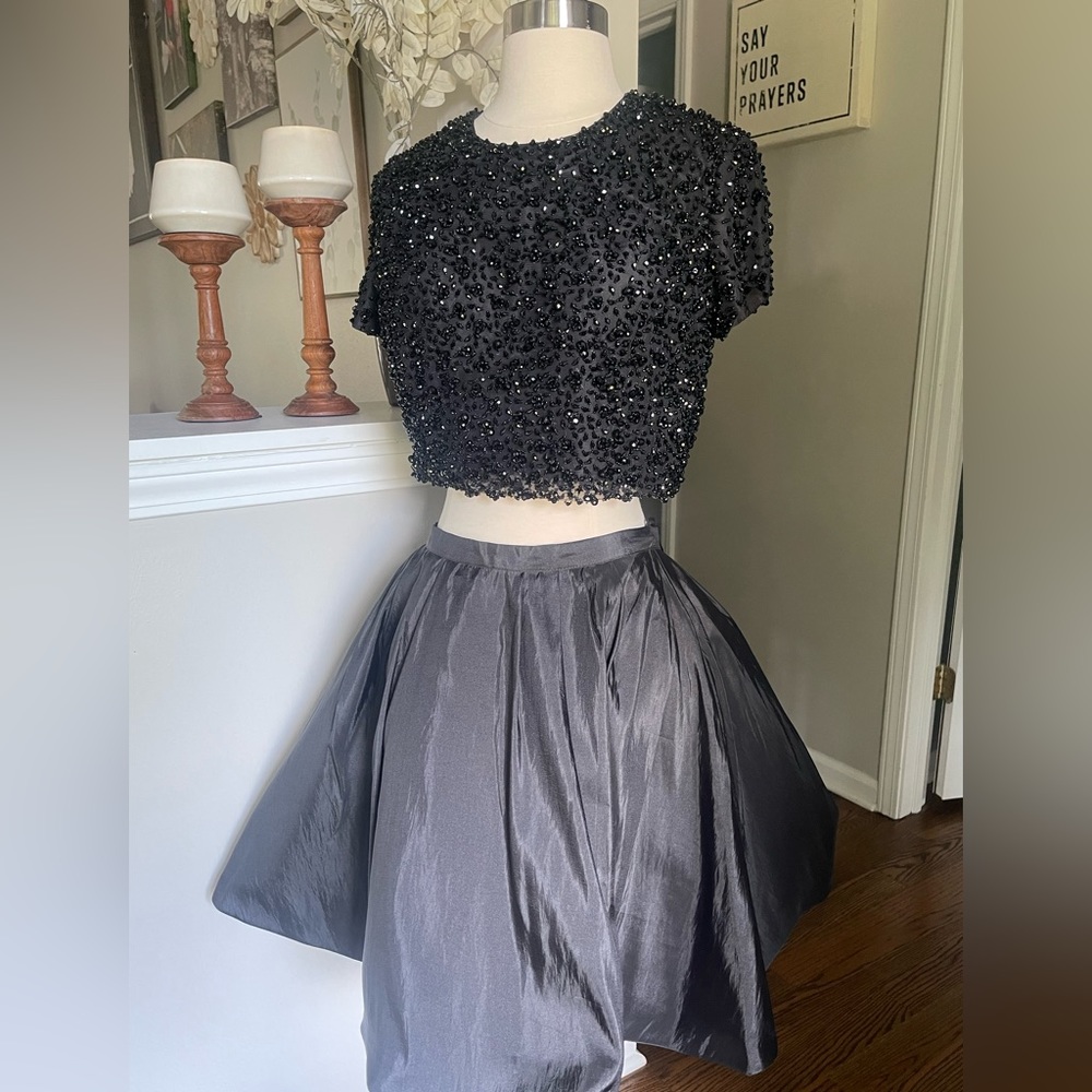 Sherri Hill Black Beaded Crop Top and Full Satin Skirt Two-Piece Prom Dress